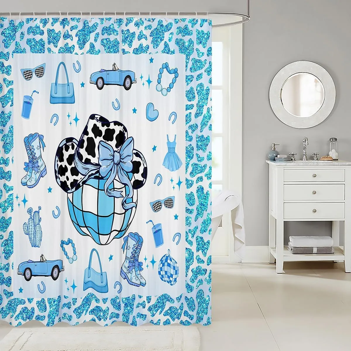 Erosebridal Cowboy Bathroom Curtain,Cowgirl Boots Hats Shower Curtain 72" W x 78" L,Southwestern Bathroom Accessories,Blue Hippie Cow Pattern Fabric Shower Curtains