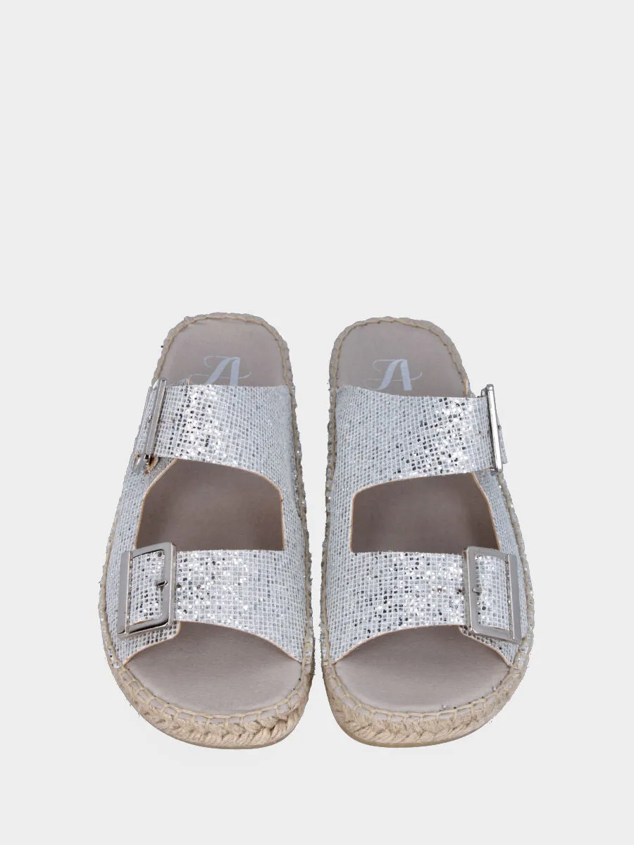 Espadrillas argento in glitter a fasce con fibbie