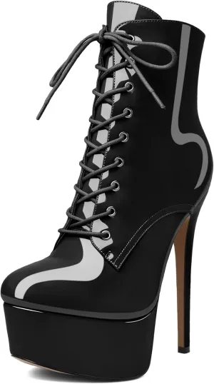 Esvowido Women's Ankle Booties Lace Up Boots Platform High Heel Round Toe Stilettos Short Boots with Side Zipper Sexy Ankle Boots