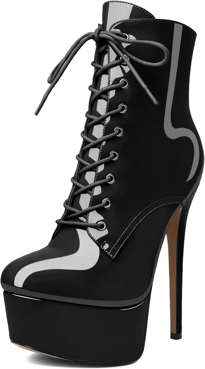 Esvowido Women's Ankle Booties Lace Up Boots Platform High Heel Round Toe Stilettos Short Boots with Side Zipper Sexy Ankle Boots