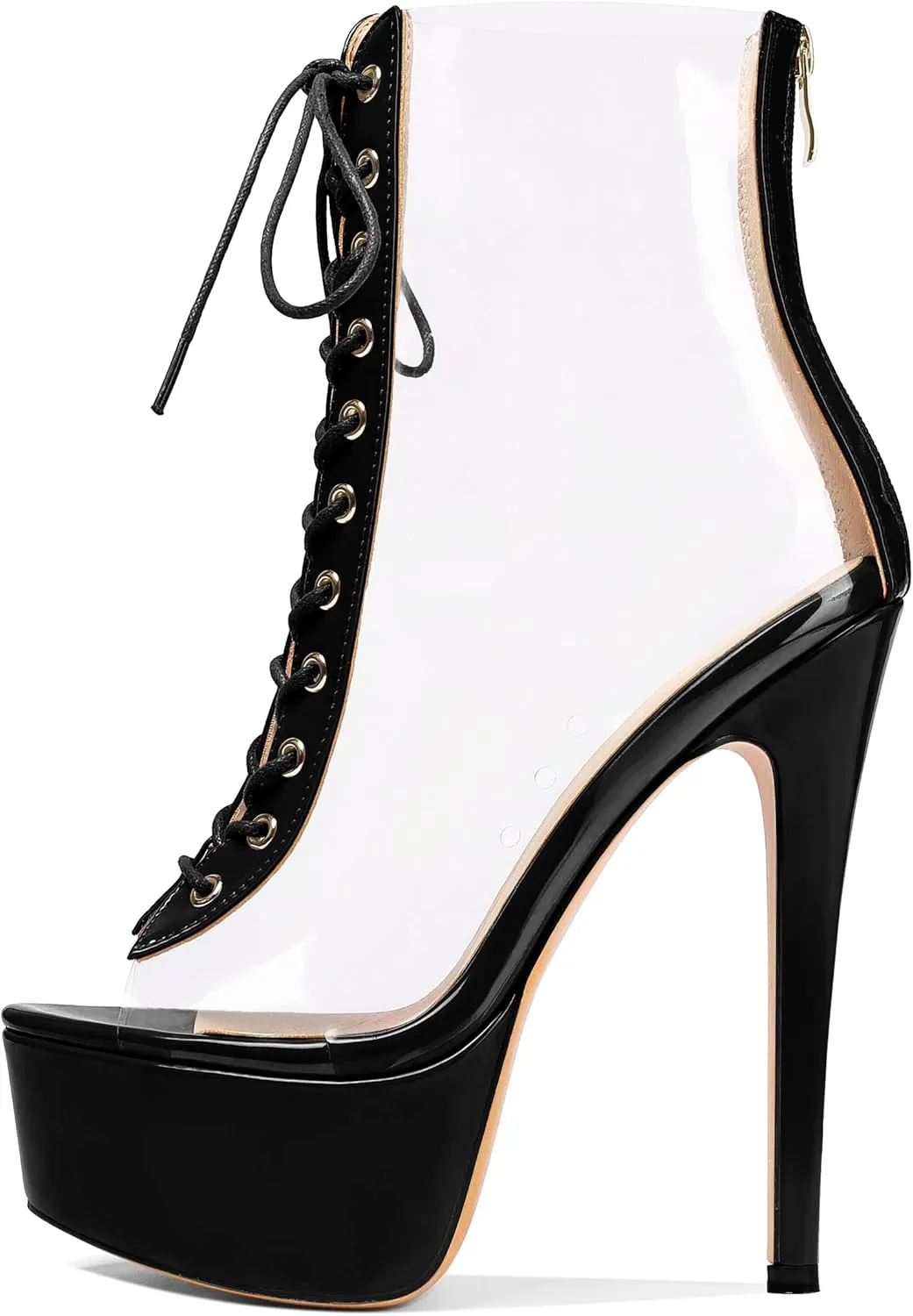 Esvowido Women's Peep Toe Platform Heels Heeled Sandals Stiletto High Heel Clear PVC Sexy Lace Up Ankle Boots