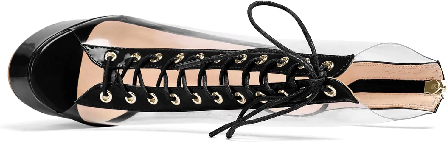 Esvowido Women's Peep Toe Platform Heels Heeled Sandals Stiletto High Heel Clear PVC Sexy Lace Up Ankle Boots