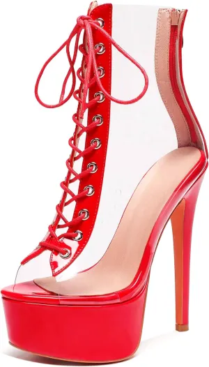 Esvowido Women's Peep Toe Platform Heels Heeled Sandals Stiletto High Heel Clear PVC Sexy Lace Up Ankle Boots