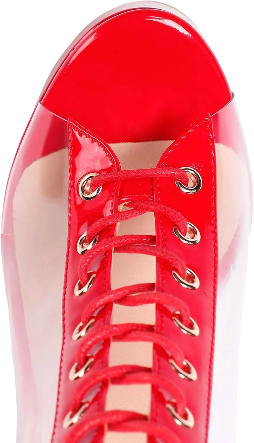 Esvowido Women's Peep Toe Platform Heels Heeled Sandals Stiletto High Heel Clear PVC Sexy Lace Up Ankle Boots