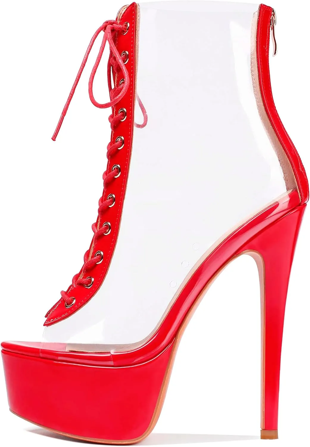 Esvowido Women's Peep Toe Platform Heels Heeled Sandals Stiletto High Heel Clear PVC Sexy Lace Up Ankle Boots