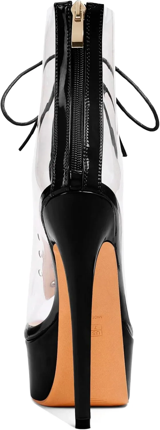 Esvowido Women's Peep Toe Platform Heels Heeled Sandals Stiletto High Heel Clear PVC Sexy Lace Up Ankle Boots