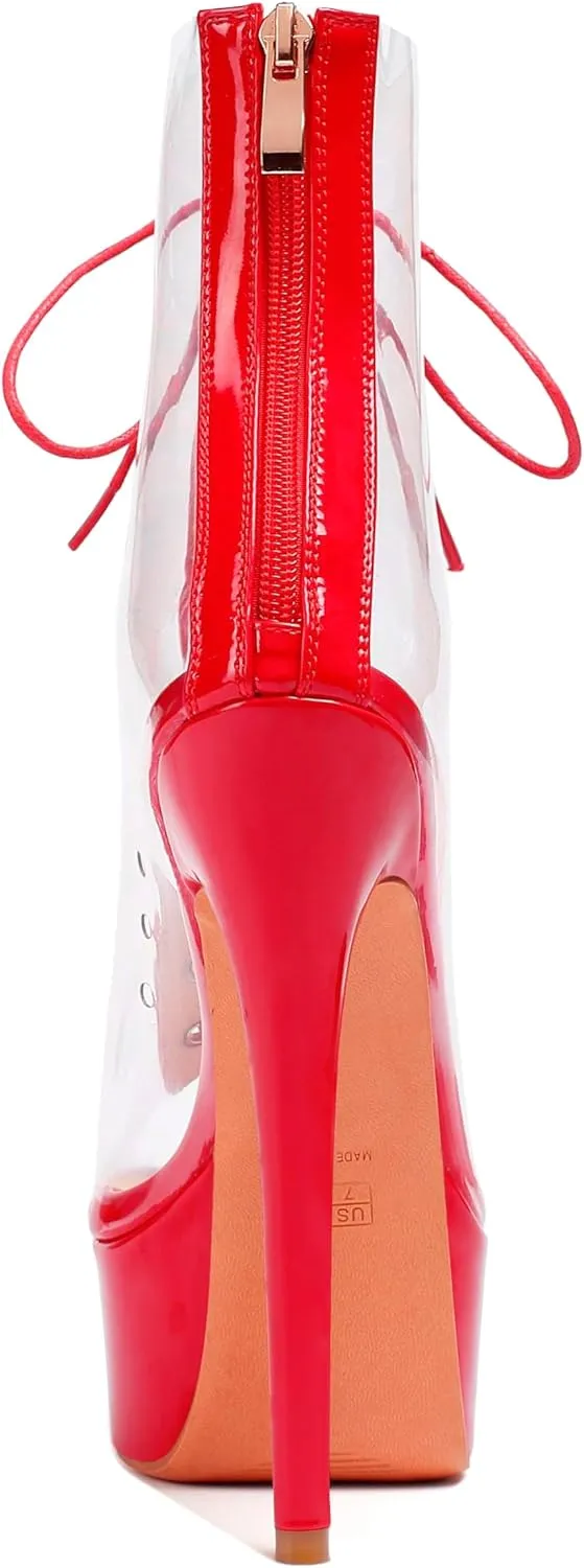 Esvowido Women's Peep Toe Platform Heels Heeled Sandals Stiletto High Heel Clear PVC Sexy Lace Up Ankle Boots