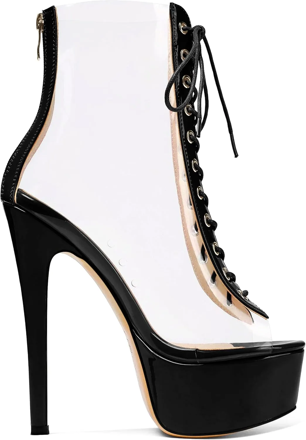 Esvowido Women's Peep Toe Platform Heels Heeled Sandals Stiletto High Heel Clear PVC Sexy Lace Up Ankle Boots