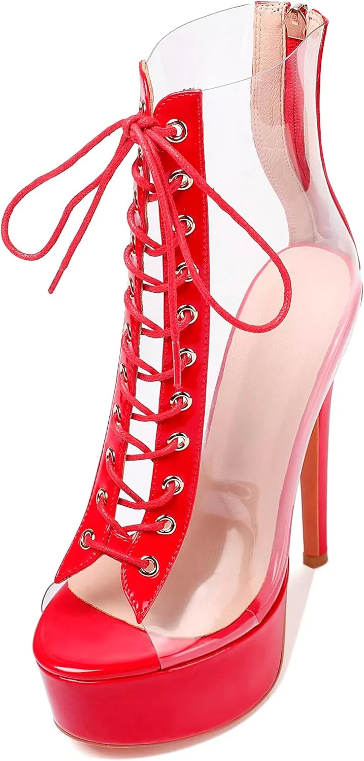 Esvowido Women's Peep Toe Platform Heels Heeled Sandals Stiletto High Heel Clear PVC Sexy Lace Up Ankle Boots
