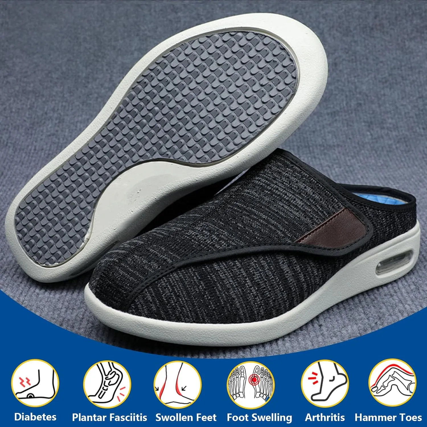 Extra Wide Walking Edema Sneakers,Wide Widths Walking Edema Slippers Adjustable Strap - Ideal for Diabetes, Edema, Plantar Fasciitis, and Swollen Feet
