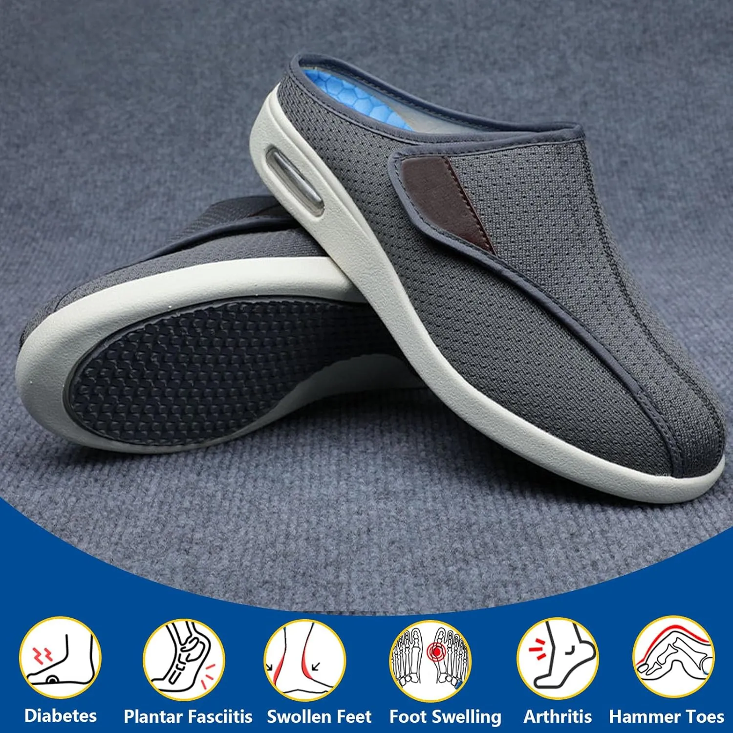 Extra Wide Walking Edema Sneakers,Wide Widths Walking Edema Slippers Adjustable Strap - Ideal for Diabetes, Edema, Plantar Fasciitis, and Swollen Feet
