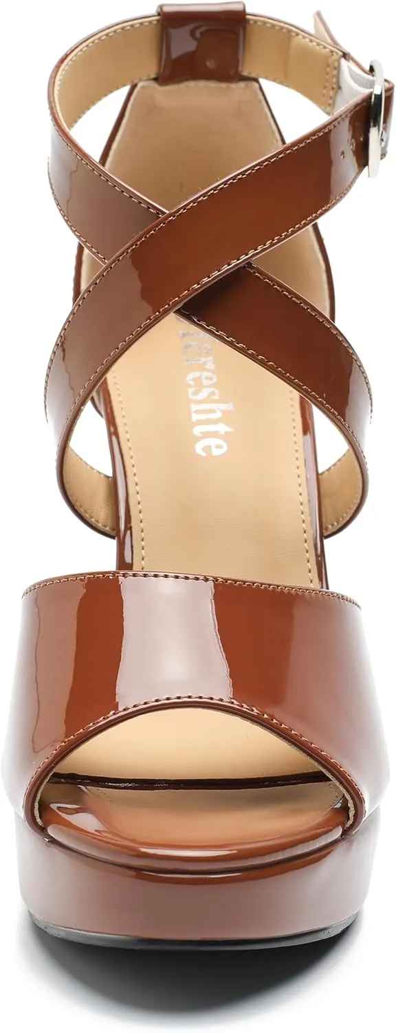 fereshte Women's High Heel Sandals Platform Block Chunky Heels Crisscross Ankle Strap Open Toe Comfortable Dress Shoes