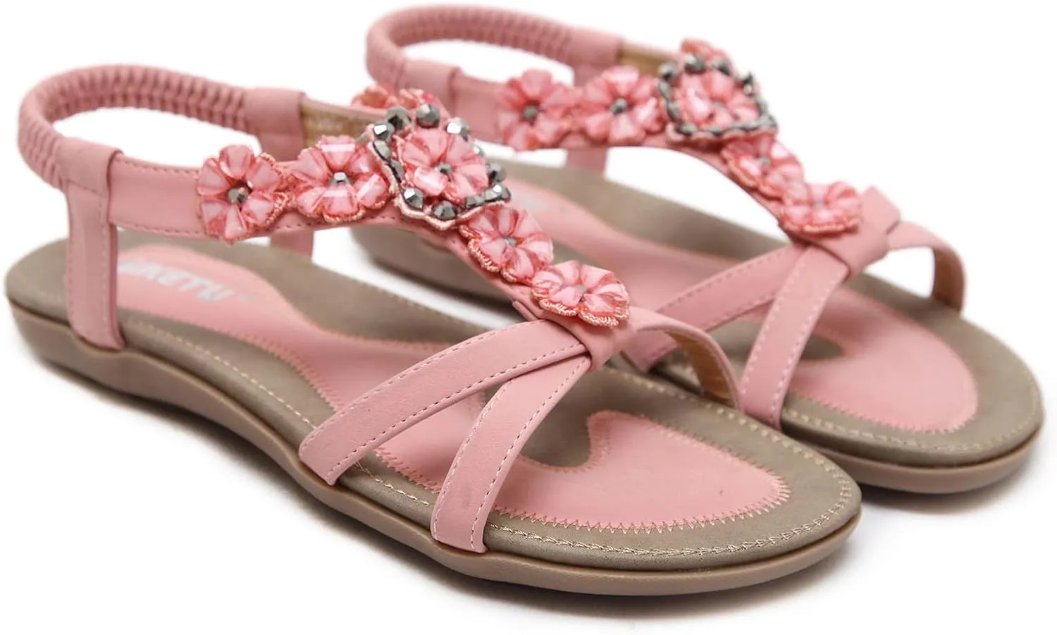 Flat Sandals for Women Casual Summer Crystal Flower Open Toe Elastic Slip on Sandals Lightweight Comfortable Outdoor Beach Roman Shoes Sandalias