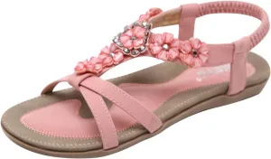 Flat Sandals for Women Casual Summer Crystal Flower Open Toe Elastic Slip on Sandals Lightweight Comfortable Outdoor Beach Roman Shoes Sandalias