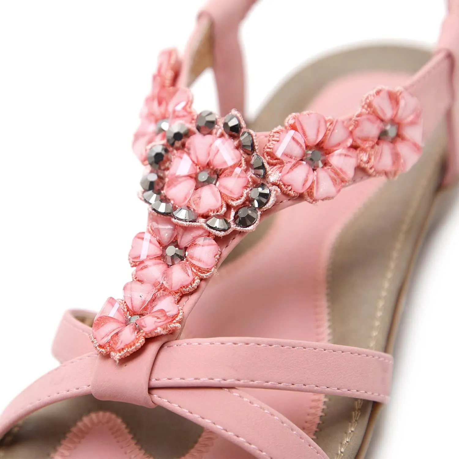 Flat Sandals for Women Casual Summer Crystal Flower Open Toe Elastic Slip on Sandals Lightweight Comfortable Outdoor Beach Roman Shoes Sandalias