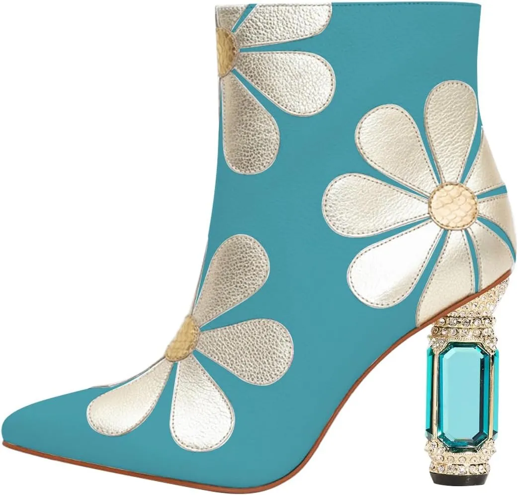 FSJ Women Cute Ankle Boots Pointed Toe Crystal High Heel Side Zipper Chunky Block Booties with Daisy Flower Wedding Ballroom Dress Shoes Size 4-16 US