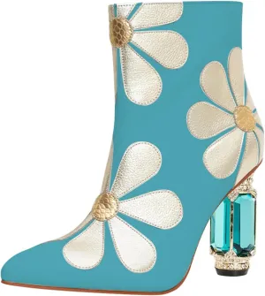 FSJ Women Cute Ankle Boots Pointed Toe Crystal High Heel Side Zipper Chunky Block Booties with Daisy Flower Wedding Ballroom Dress Shoes Size 4-16 US