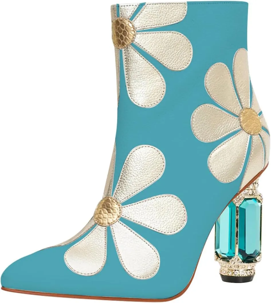 FSJ Women Cute Ankle Boots Pointed Toe Crystal High Heel Side Zipper Chunky Block Booties with Daisy Flower Wedding Ballroom Dress Shoes Size 4-16 US