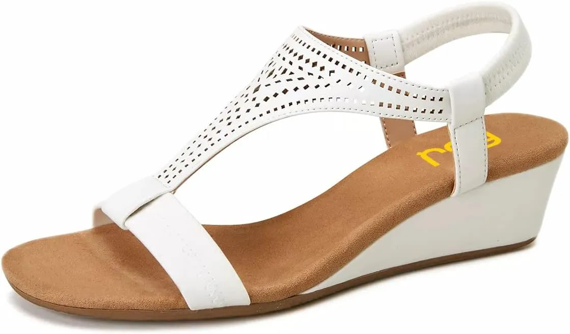 FSJ Women Open Toe Low Wedge Heel Sandals T-Strap Comfy Padded Sole Ankle Strap Casual Beach Travel Summer Sandals Size 4-15 US