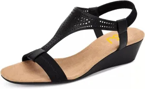 FSJ Women Open Toe Low Wedge Heel Sandals T-Strap Comfy Padded Sole Ankle Strap Casual Beach Travel Summer Sandals Size 4-15 US