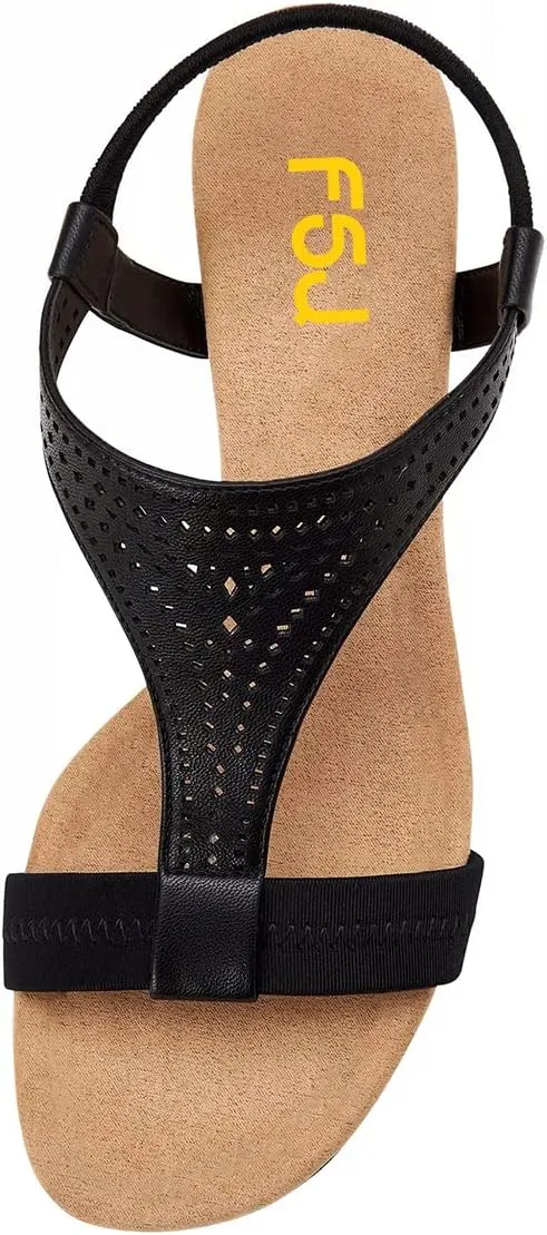 FSJ Women Open Toe Low Wedge Heel Sandals T-Strap Comfy Padded Sole Ankle Strap Casual Beach Travel Summer Sandals Size 4-15 US