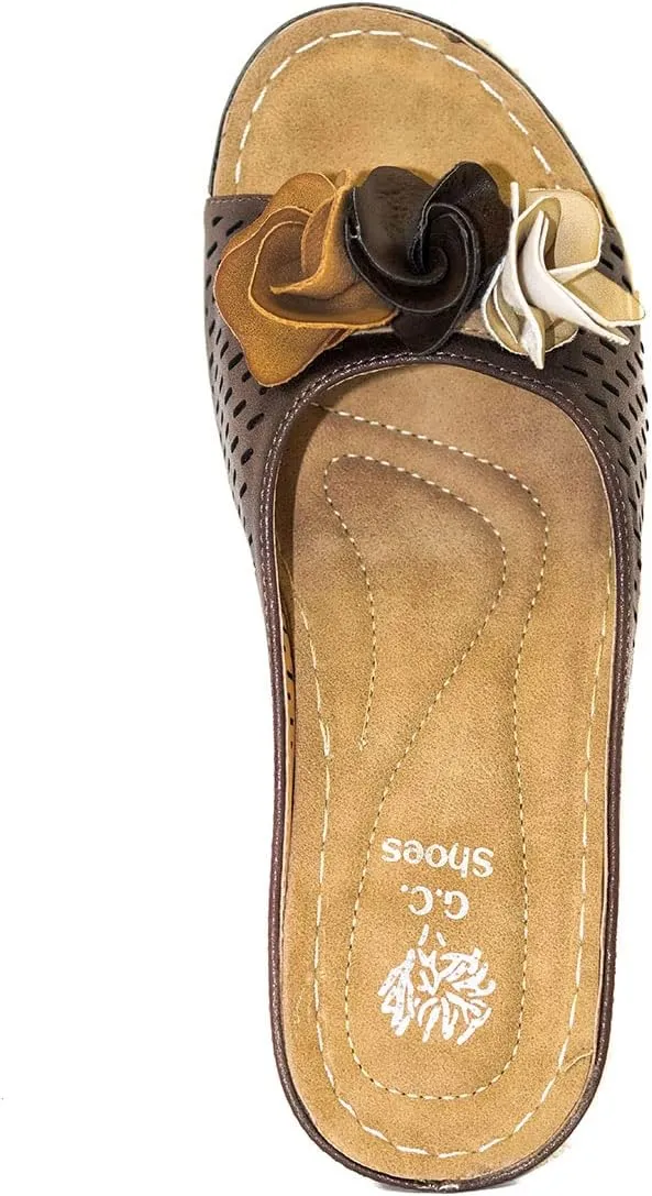 GC Shoes Womens Wedge Sandals, Open Toe Mid Heel Platform, Comfy Vegan Leather Flower Strap Thong, Flora