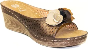 GC Shoes Womens Wedge Sandals, Open Toe Mid Heel Platform, Comfy Vegan Leather Flower Strap Thong, Flora