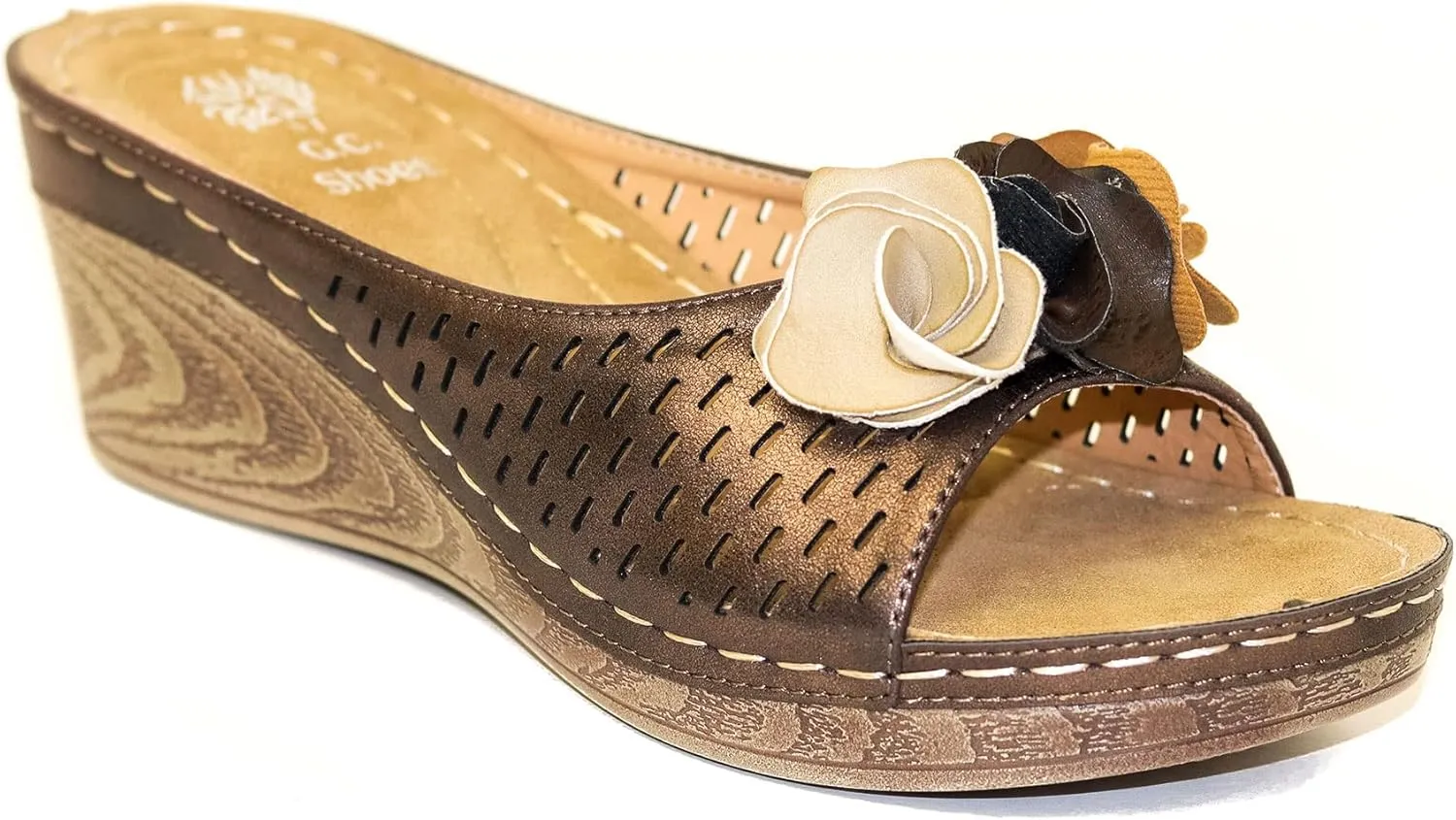 GC Shoes Womens Wedge Sandals, Open Toe Mid Heel Platform, Comfy Vegan Leather Flower Strap Thong, Flora