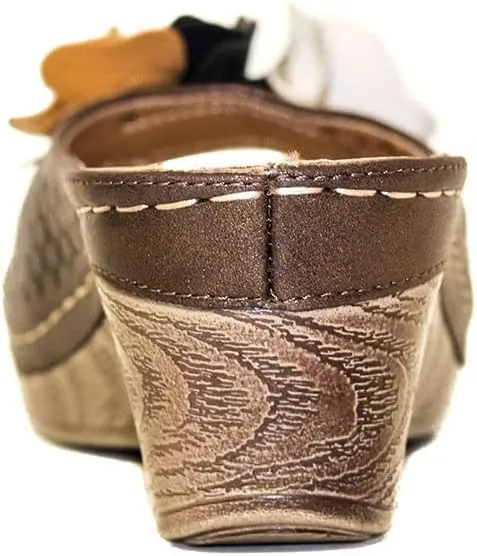 GC Shoes Womens Wedge Sandals, Open Toe Mid Heel Platform, Comfy Vegan Leather Flower Strap Thong, Flora