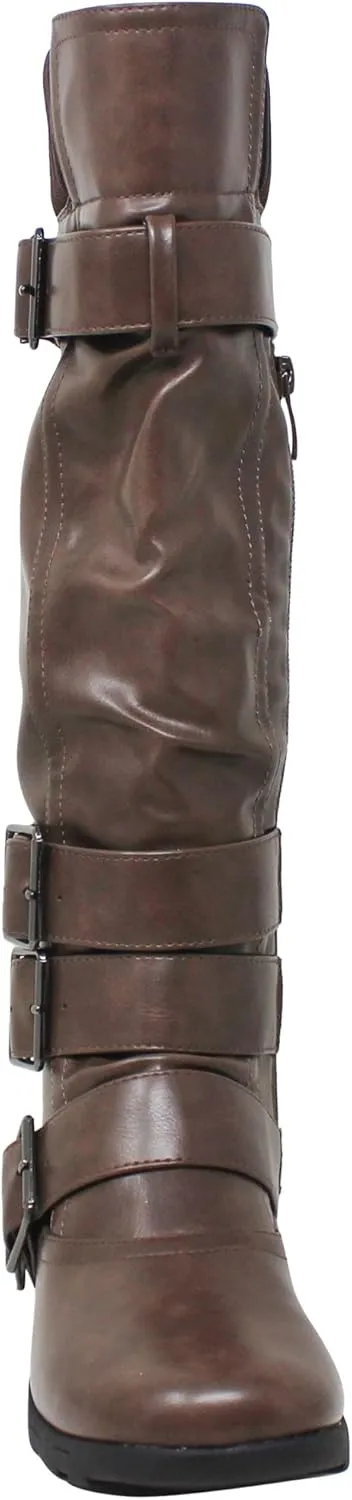 Generation Y Women's Knee High Mid Calf Flats Boots Sweater Knitted Cuff Buckles Wedge Rubber Sole