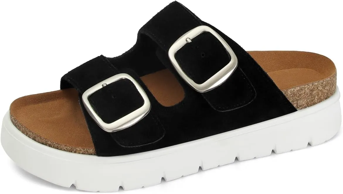 Genuine Leather Platform Sandals for Women Comfortable Summer Beach Slides Sandals with Double Adjustable Buckle