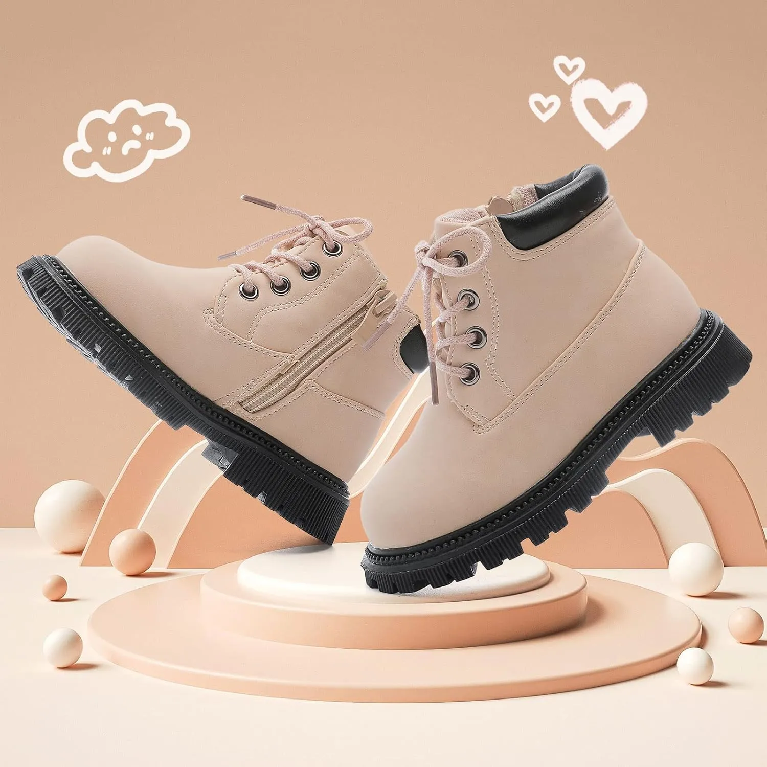 Girls Ankle Boots Fashion Side Zipper Boots Lace Up Waterproof Combat Shoes for Toddler/Little Kid