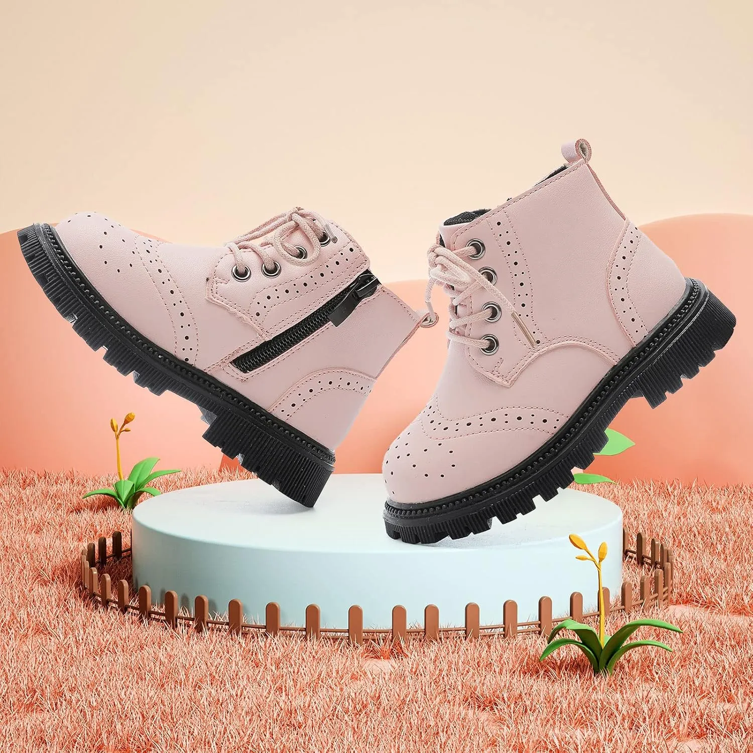 Girls Ankle Boots Fashion Side Zipper Boots Lace Up Waterproof Combat Shoes for Toddler/Little Kid