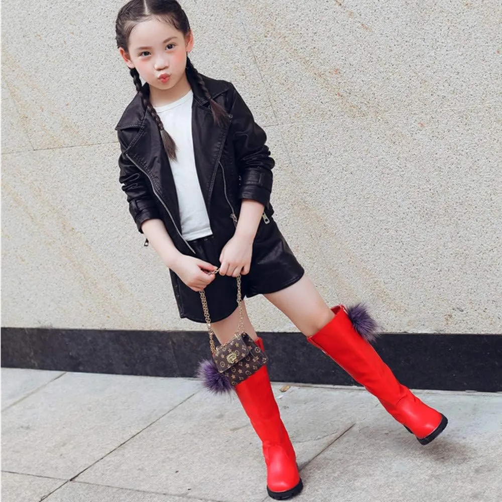 Girl's Waterproof Back Zipper Fur Tall Riding Boots Girls Knee High Boots Leather Girls Winter Boots Kids