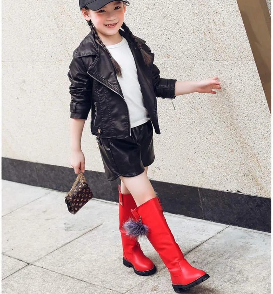 Girl's Waterproof Back Zipper Fur Tall Riding Boots Girls Knee High Boots Leather Girls Winter Boots Kids