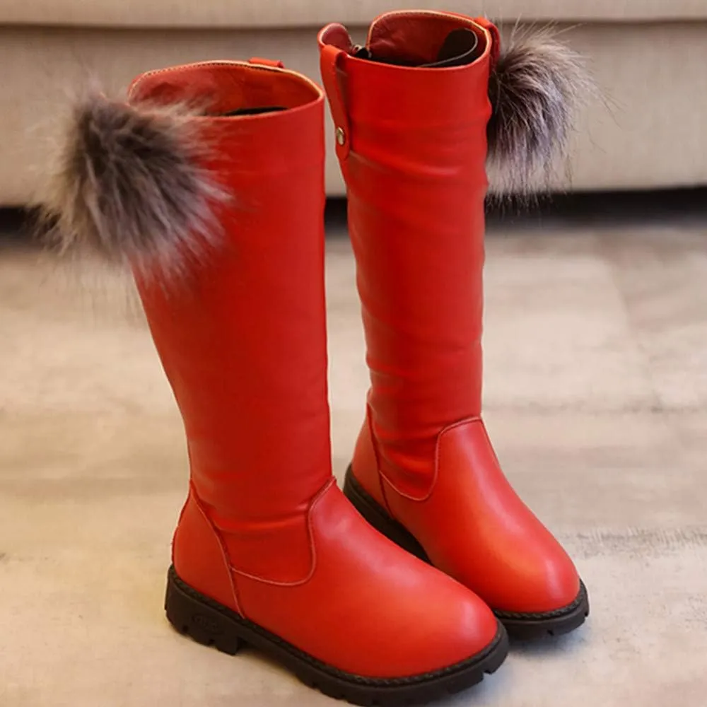 Girl's Waterproof Back Zipper Fur Tall Riding Boots Girls Knee High Boots Leather Girls Winter Boots Kids