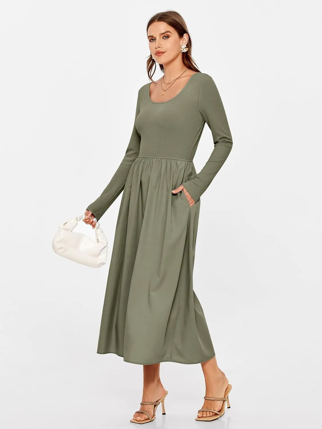 Glamaker Womens Long Sleeve Midi Dress 2025 Spring Wedding Guest Dress Casual HOCO A Line Holiday Dress with Pockets