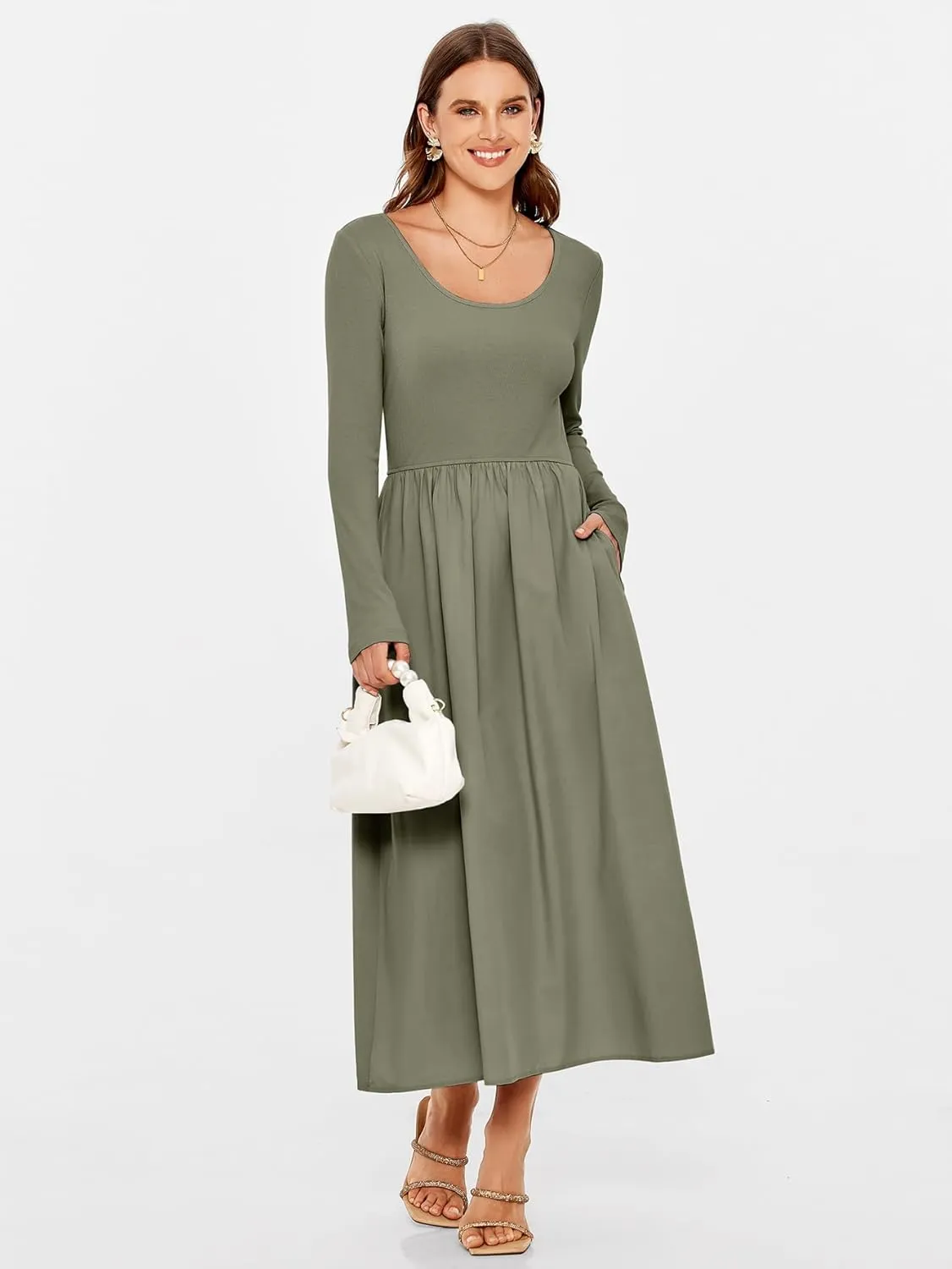 Glamaker Womens Long Sleeve Midi Dress 2025 Spring Wedding Guest Dress Casual HOCO A Line Holiday Dress with Pockets