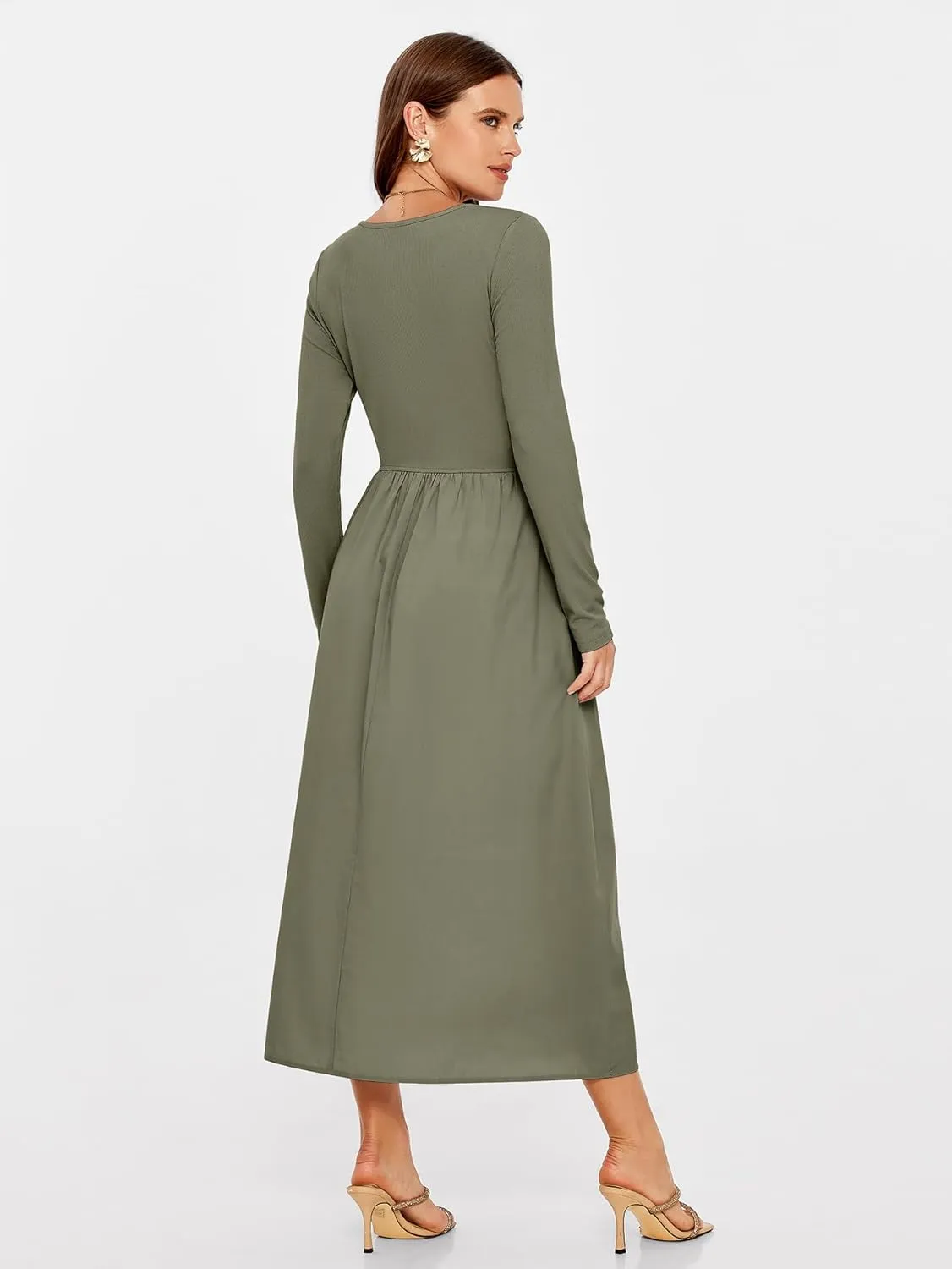 Glamaker Womens Long Sleeve Midi Dress 2025 Spring Wedding Guest Dress Casual HOCO A Line Holiday Dress with Pockets