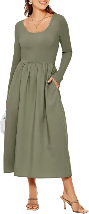 Glamaker Womens Long Sleeve Midi Dress 2025 Spring Wedding Guest Dress Casual HOCO A Line Holiday Dress with Pockets