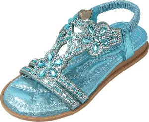 Glitter Sandals Girls Ankle Strap T-Strap 𝐋𝐨𝐰 Heel Pearl Bow Flower Pump Dress Wedding Shoes for Little Kid/Big Kid
