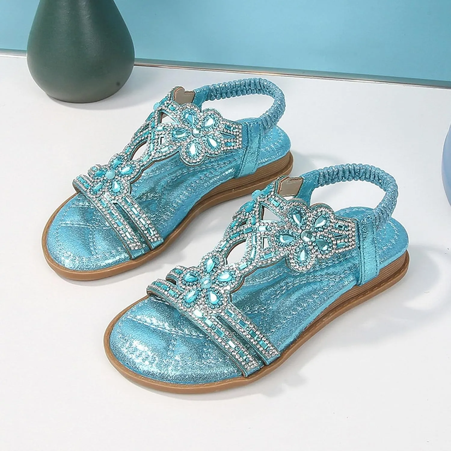 Glitter Sandals Girls Ankle Strap T-Strap 𝐋𝐨𝐰 Heel Pearl Bow Flower Pump Dress Wedding Shoes for Little Kid/Big Kid