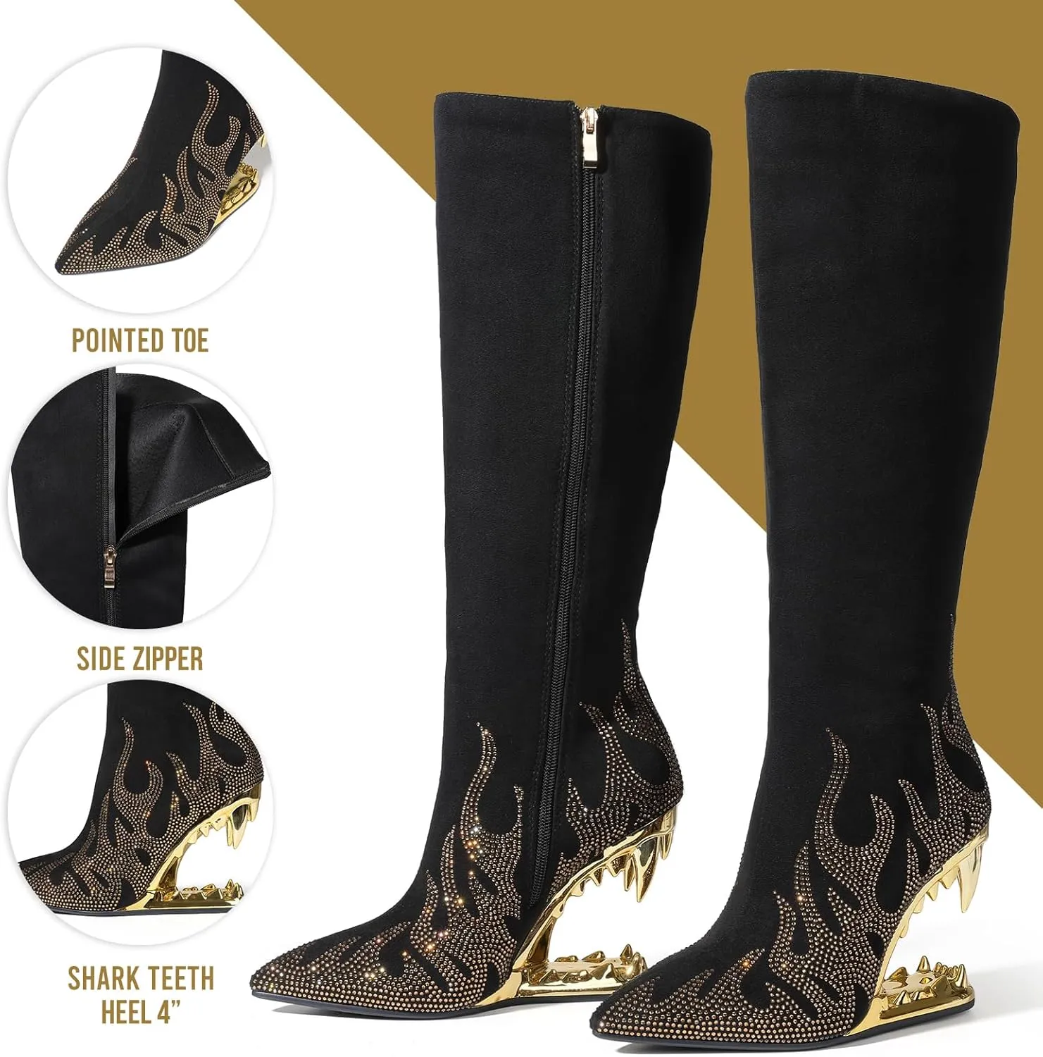 Goiphrri Knee High Boots for Women Suede Wide Calf Boots Side Zipper Tiger Tooth Heel Tall Boot Pointed Toe High Heeled Fall Boot for Women