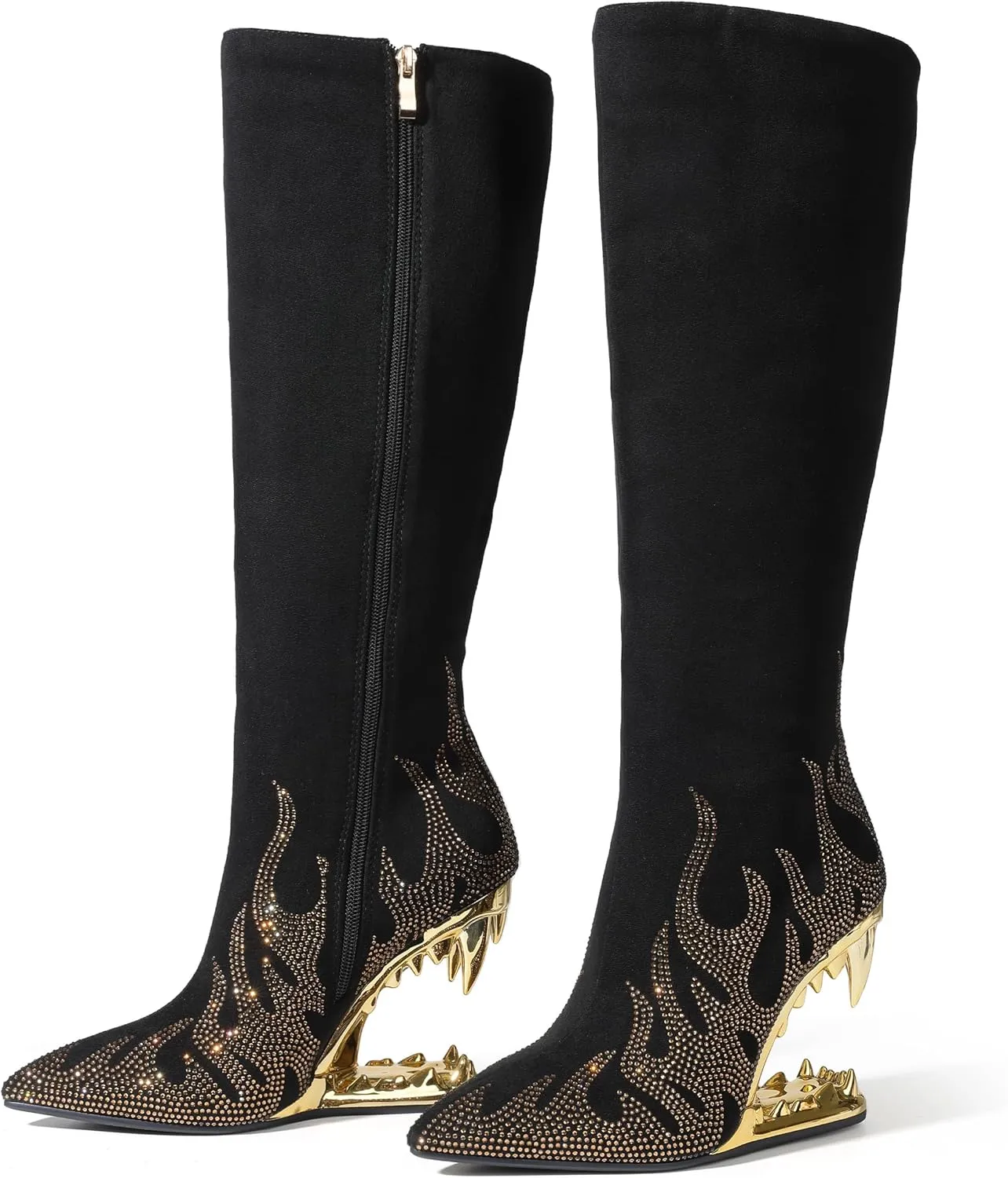 Goiphrri Knee High Boots for Women Suede Wide Calf Boots Side Zipper Tiger Tooth Heel Tall Boot Pointed Toe High Heeled Fall Boot for Women