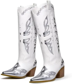 GOSERCE Women's Western Pointed toe Metallic Mid-Calf Cowboy Boots Knee High Cowgirl Boots Colorful sparkly Boots
