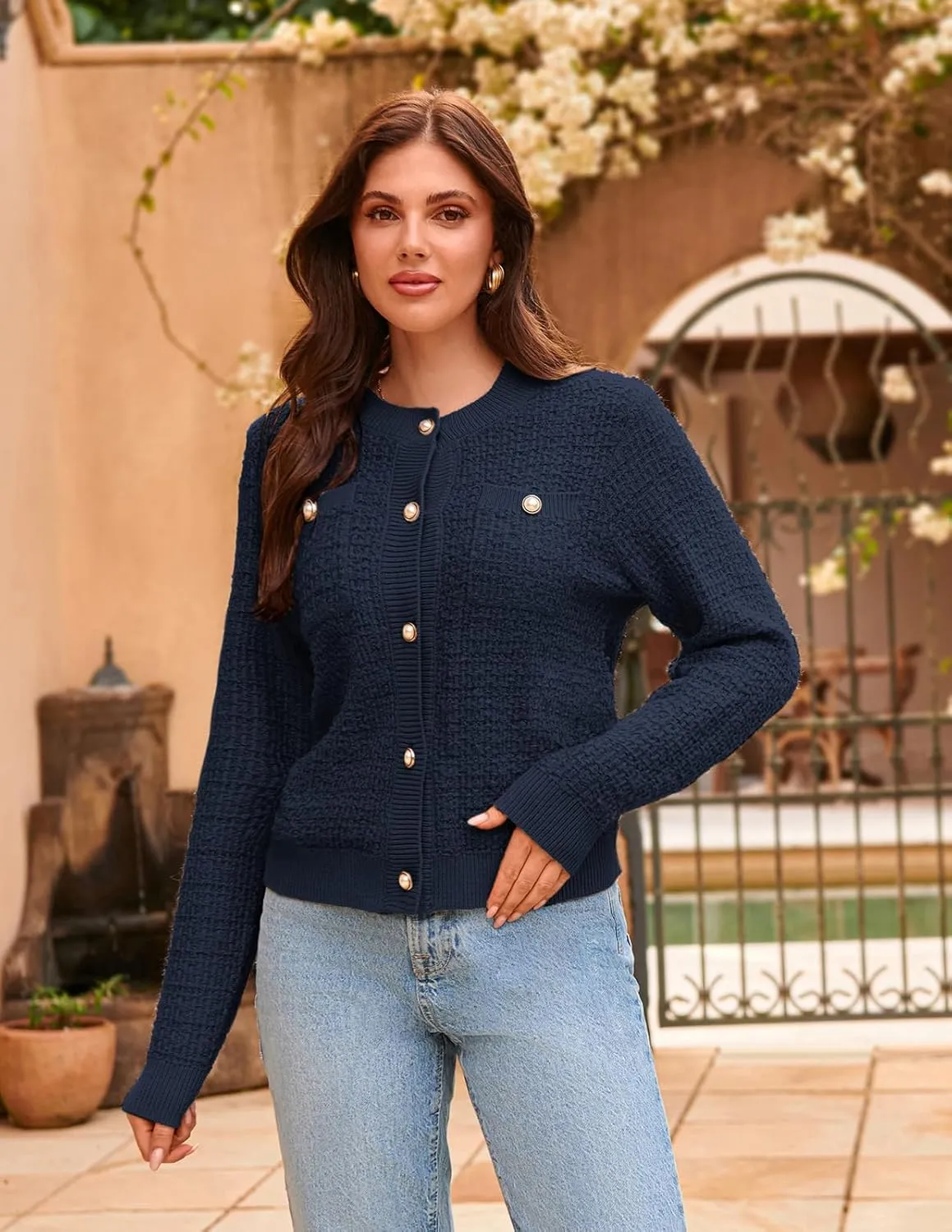 GRACE KARIN Womens Open Front Button Down Long Sleeve Texture Knit Cardigan Sweaters with Pockets