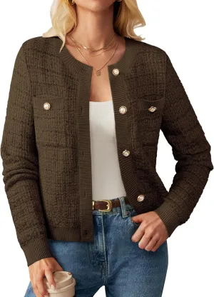 GRACE KARIN Womens Open Front Button Down Long Sleeve Texture Knit Cardigan Sweaters with Pockets