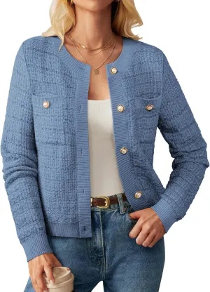 GRACE KARIN Womens Open Front Button Down Long Sleeve Texture Knit Cardigan Sweaters with Pockets