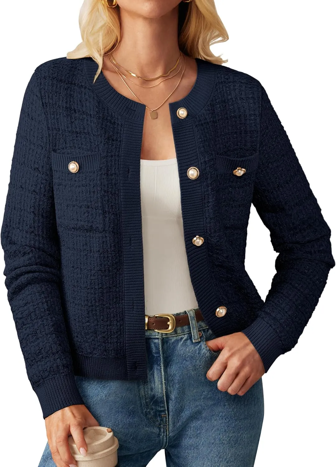 GRACE KARIN Womens Open Front Button Down Long Sleeve Texture Knit Cardigan Sweaters with Pockets