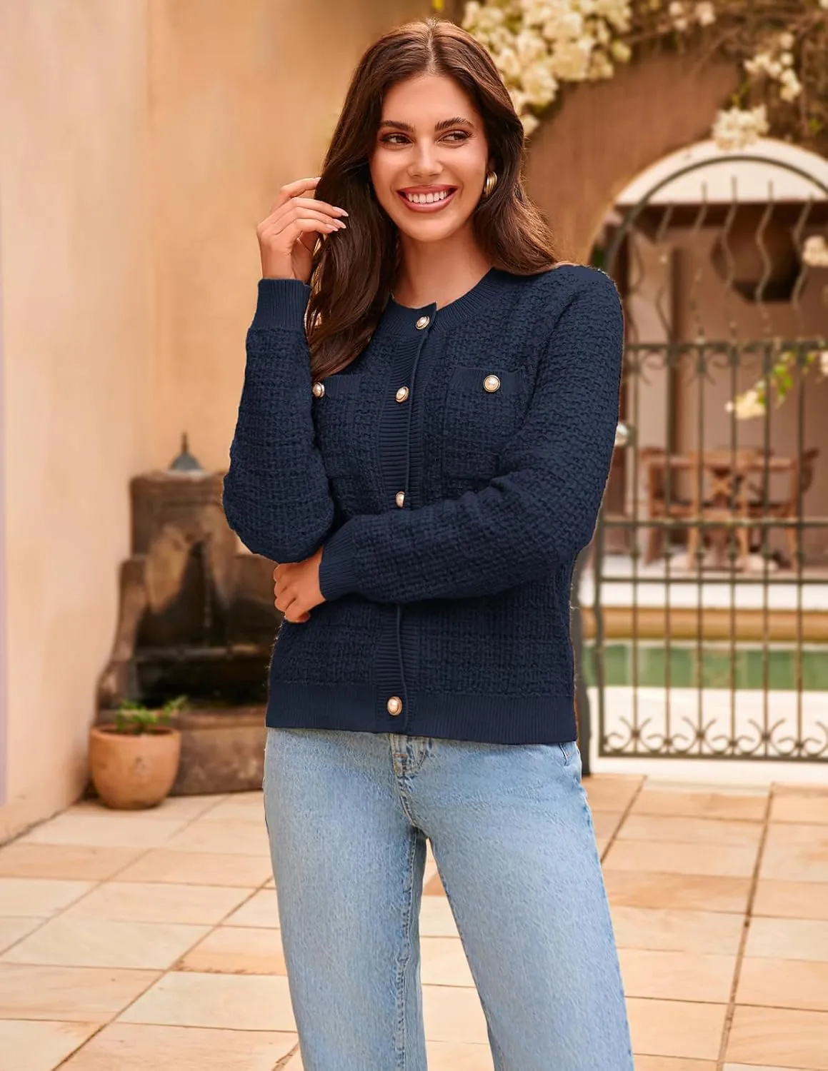 GRACE KARIN Womens Open Front Button Down Long Sleeve Texture Knit Cardigan Sweaters with Pockets